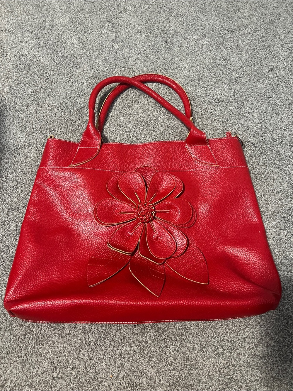 Red Floral Applique Tote Bag with Dual Handles